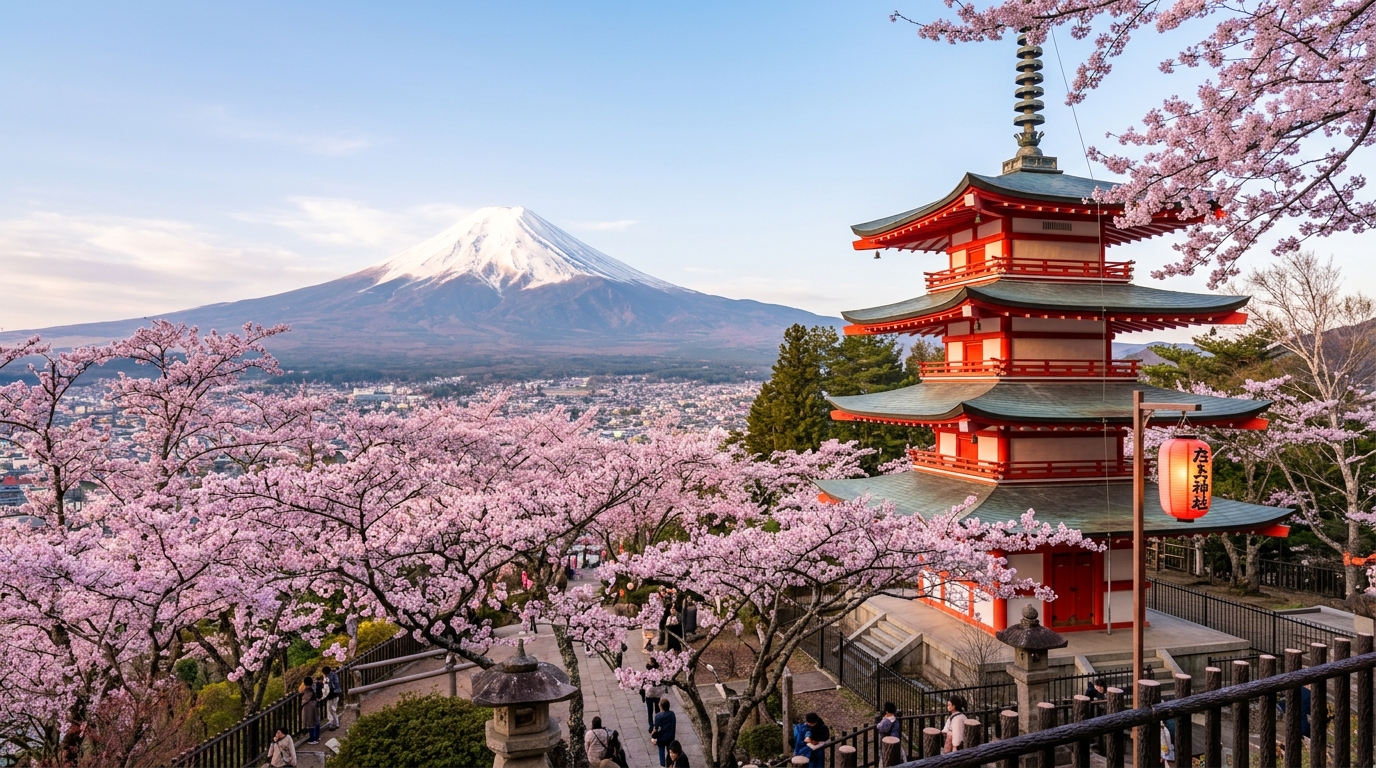 Japan Fuji Pagoda Cherry Blossoms